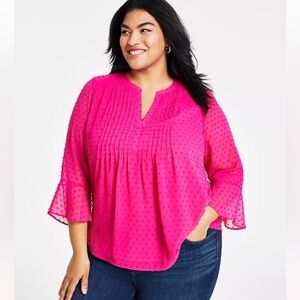 Style & Co Pleat Front Swiss Dot Chiffon Ruffle 
Sheer  Bright Pink Candy Pop 2X